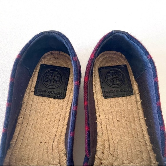 Tory Burch Shoe Espadrille Flat Plaid Check Wool Leather Holiday Blue Red 7.5 - Picture 8 of 13